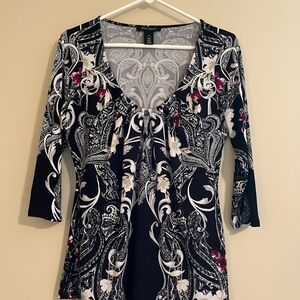 White House Black Market Black, Gray and White Paisley Top